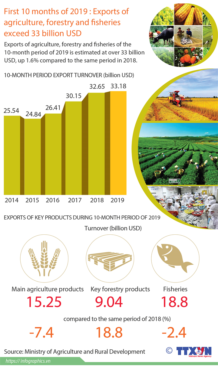 Exports of agriculture, forestry and fisheries exceed 33 billion USD