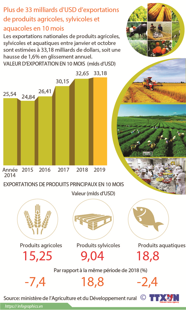 Plus de 33 milliards d'USD d’exportations de produits agricoles, sylvicoles et  aquacoles en 10 mois