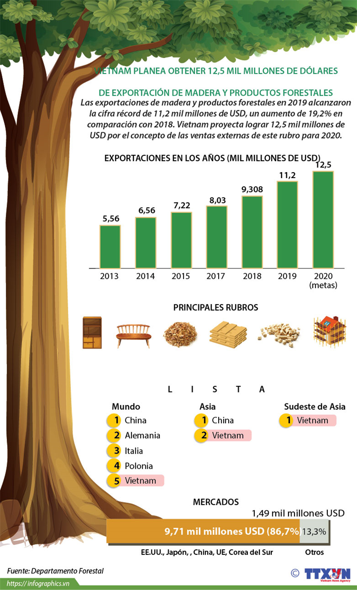 Vietnam planea obtener 12,5 mil millones de dólares de exportación de madera y productos forestales
