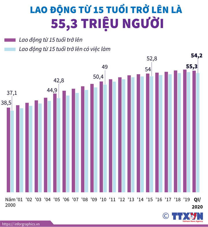 Lao động từ 15 tuổi trở lên là 55,3 triệu người