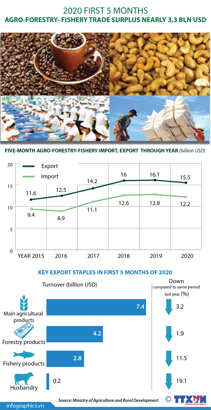 Five-month agro-forestry-fishery trade surplus nearly 3.3bn USD  