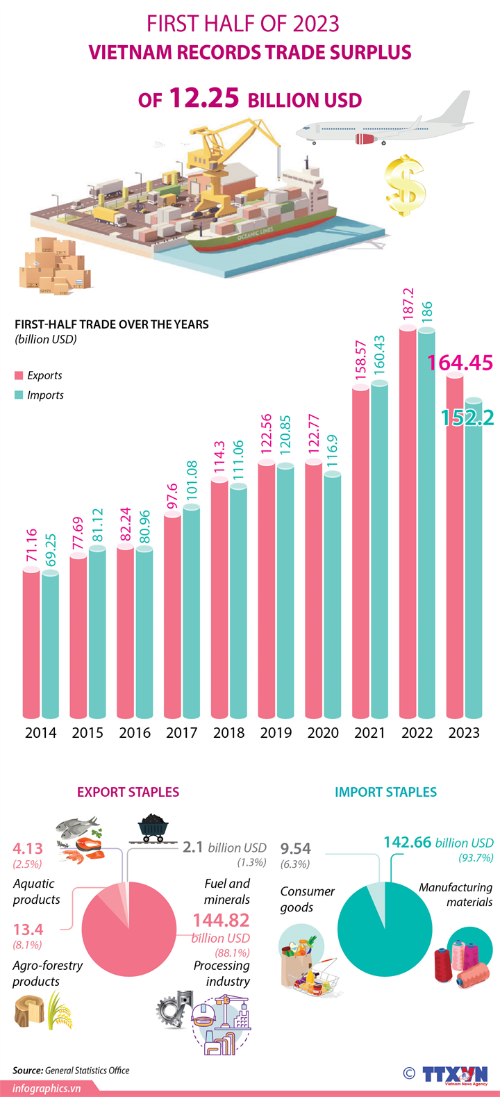 Trade surplus hits 12.25 billion USD in H1