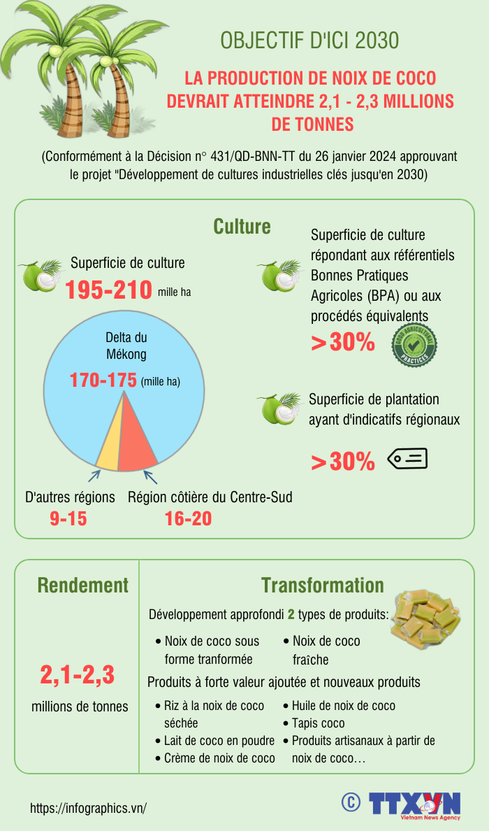 La production de noix de coco devrait atteindre 2,1 à 2,3 millions de tonnes d'ici 2030