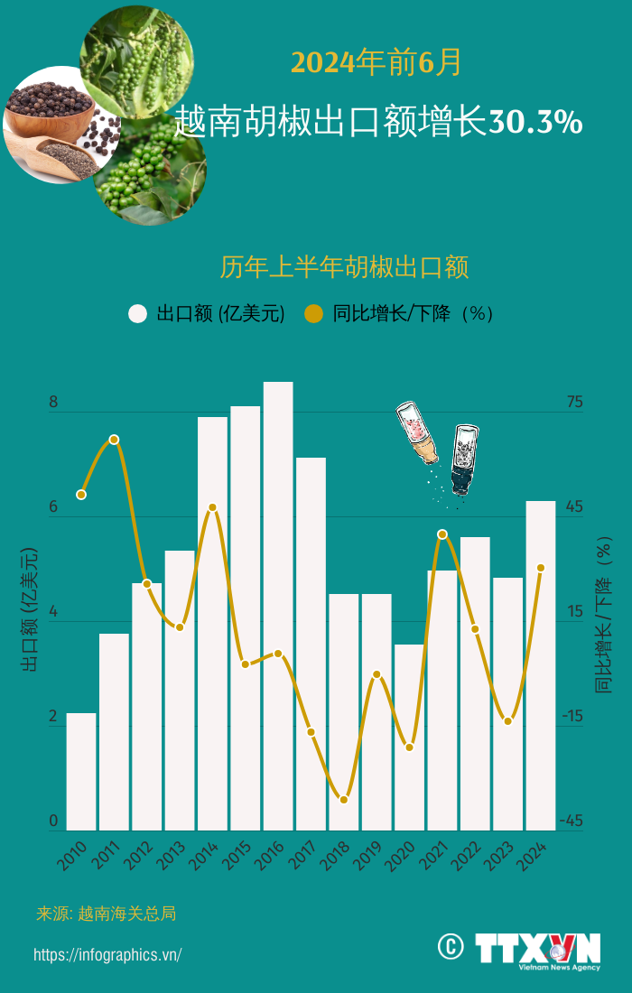 2024年前6月越南胡椒出口额增长30.3%