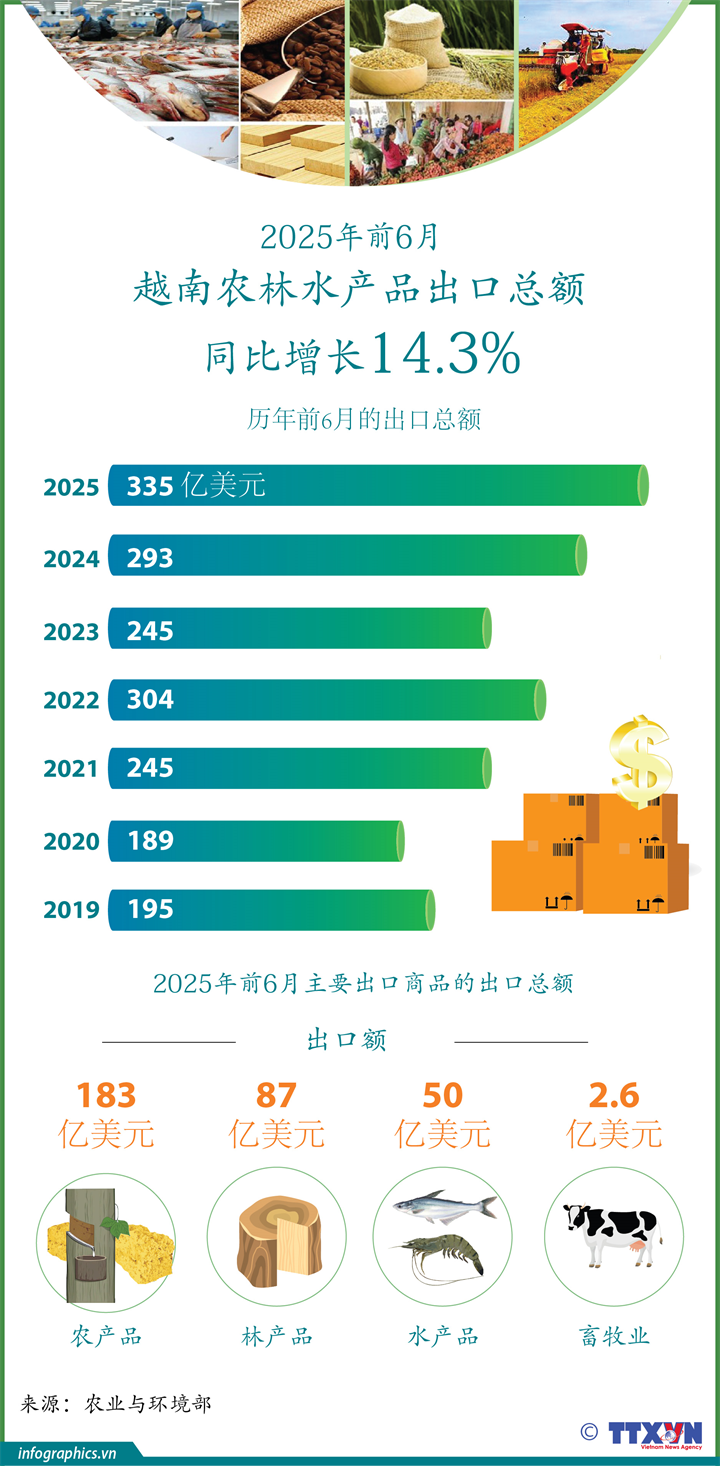 2025年前6月越南农林水产品出口总额同比增长14.3%