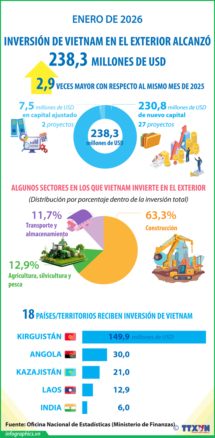 Inversión de Vietnam en el exterior alcanza 238,3 millones de USD en enero