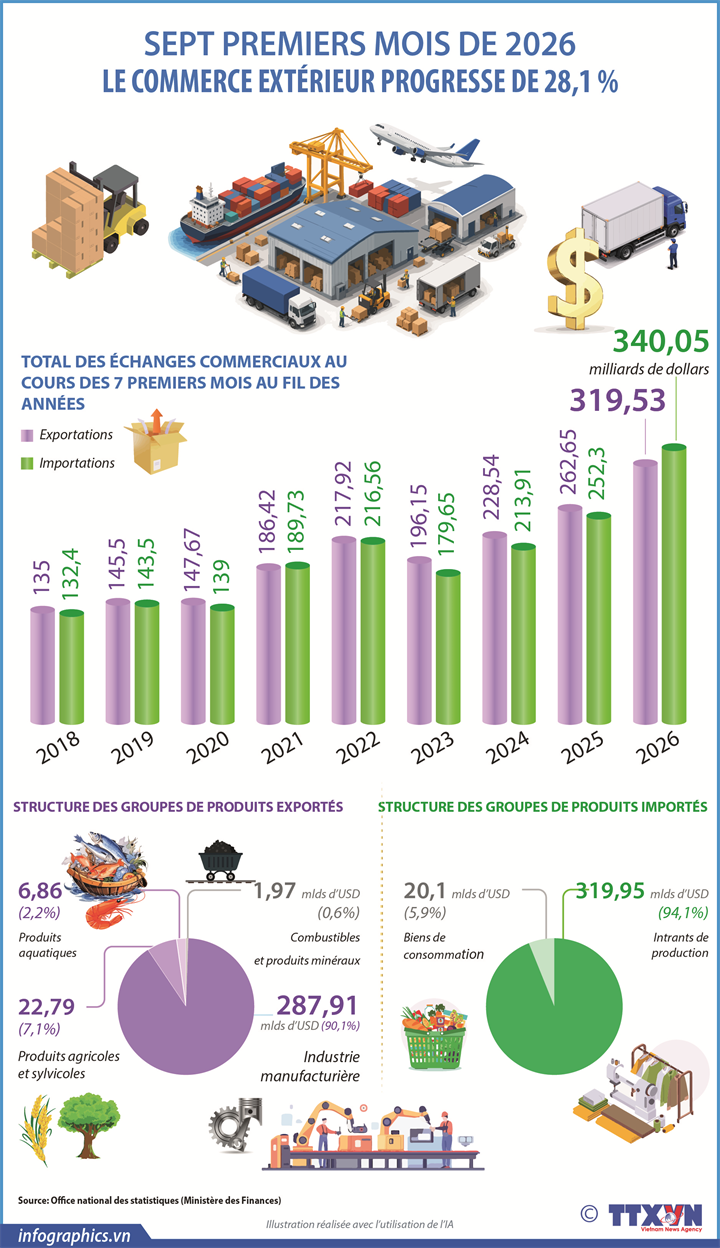 Le commerce extérieur vietnamien progresse de 28,1 % sur les sept premiers mois de 2026