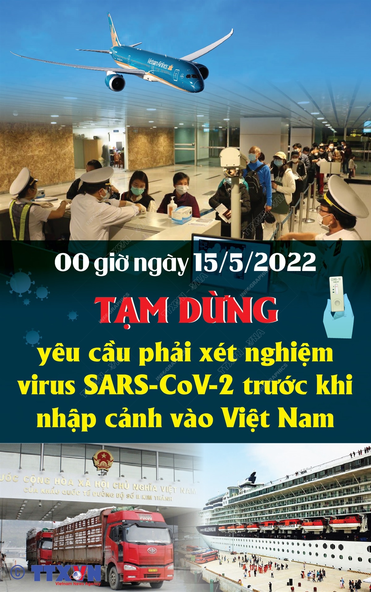 Từ 00 giờ ngày 15/5/2022, tạm dừng yêu cầu phải xét nghiệm virus SARS-CoV-2 trước khi nhập cảnh vào Việt Nam