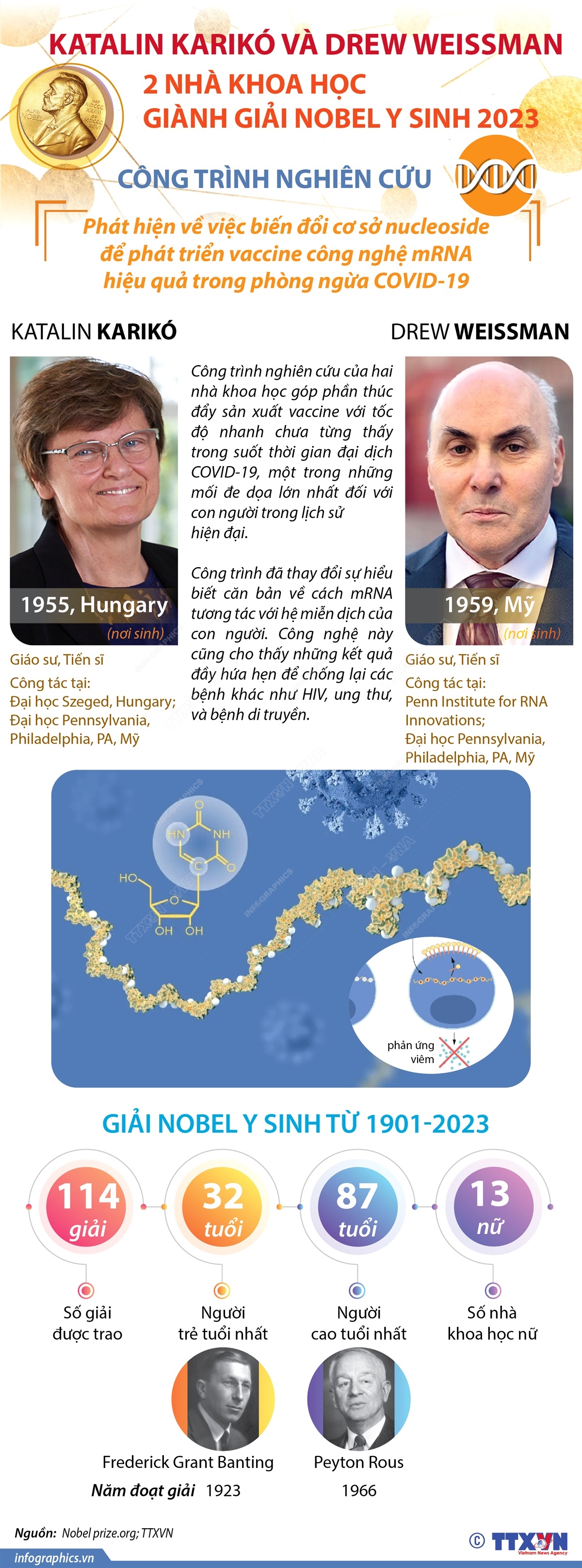 Giải Nobel Y sinh 2023 vinh danh hai nhà khoa học Katalin Karikó và Drew Weissman