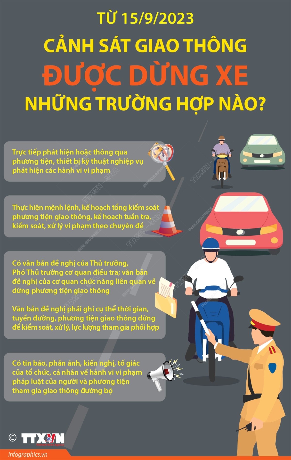 Từ 15/9/2023: Cảnh sát giao thông được dừng xe những trường hợp nào?