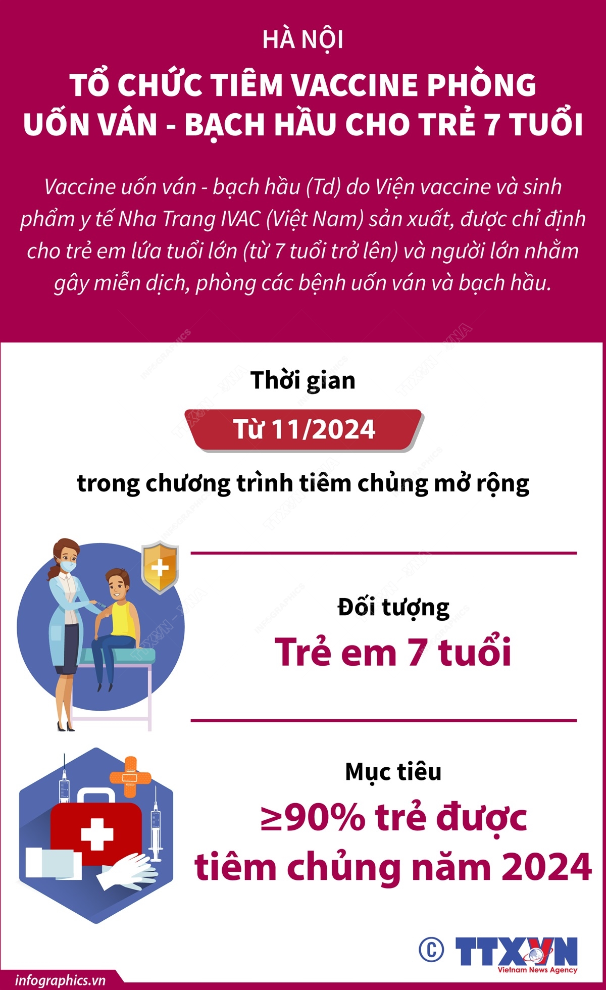 Hà Nội tổ chức tiêm vaccine phòng uốn ván - bạch hầu cho trẻ 7 tuổi