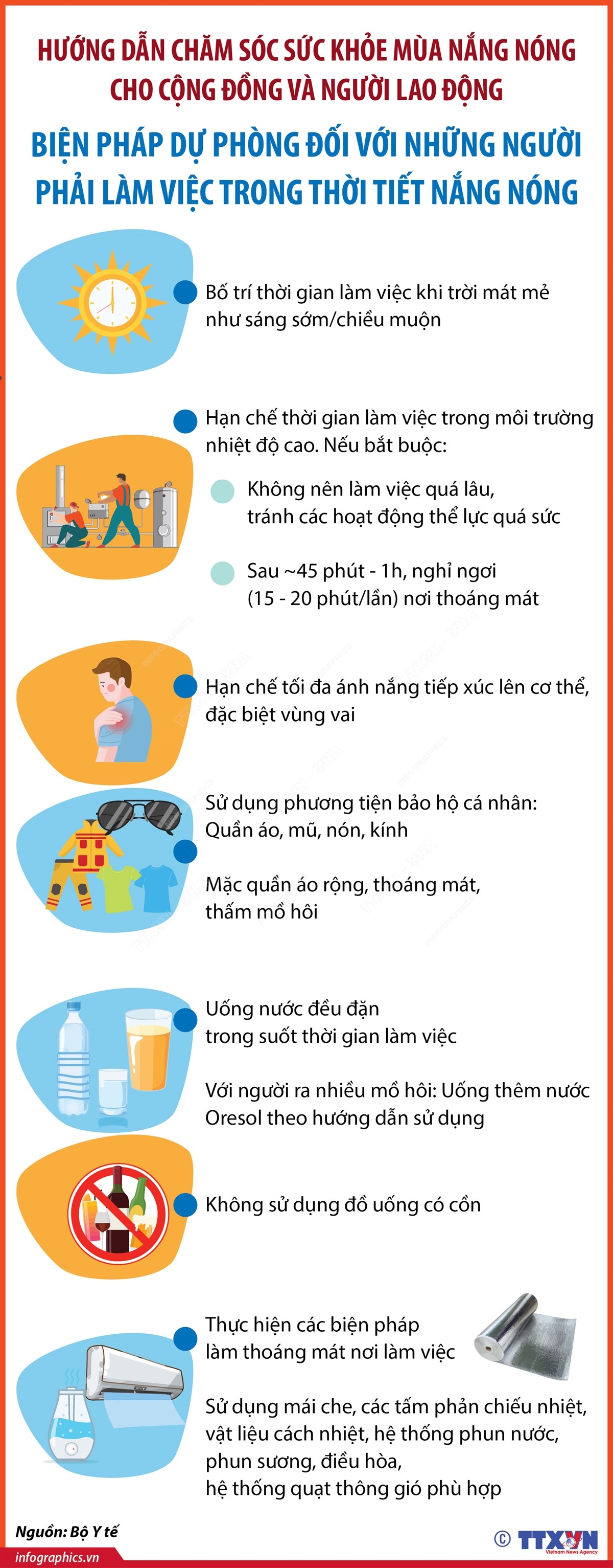 Hướng dẫn chăm sóc sức khỏe mùa nắng nóng cho cộng đồng và người lao động: Biện pháp dự phòng đối với những người phải làm việc trong thời tiết nắng nóng