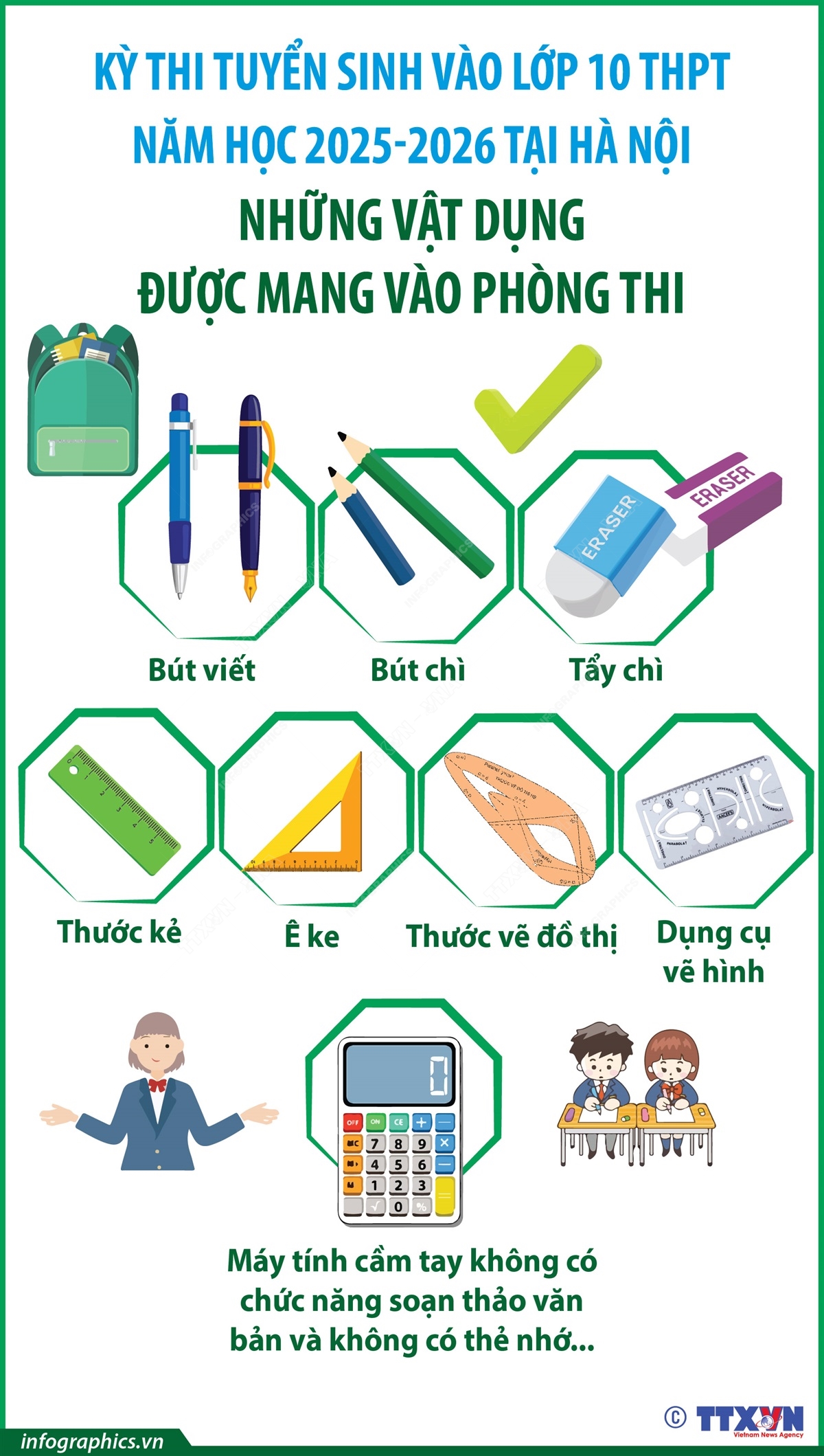 Kỳ thi tuyển sinh vào lớp 10 THPT năm học 2025-2026 tại Hà Nội: Những vật dụng được mang vào phòng thi