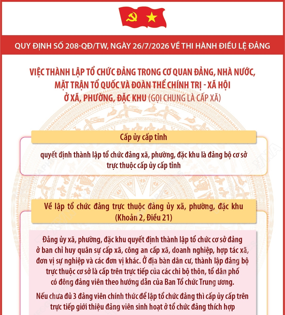 Quy định số 208-QĐ/TW: Việc thành lập tổ chức đảng trong cơ quan Đảng, Nhà nước, Mặt trận Tổ quốc và đoàn thể chính trị - xã hội ở xã, phường, đặc khu