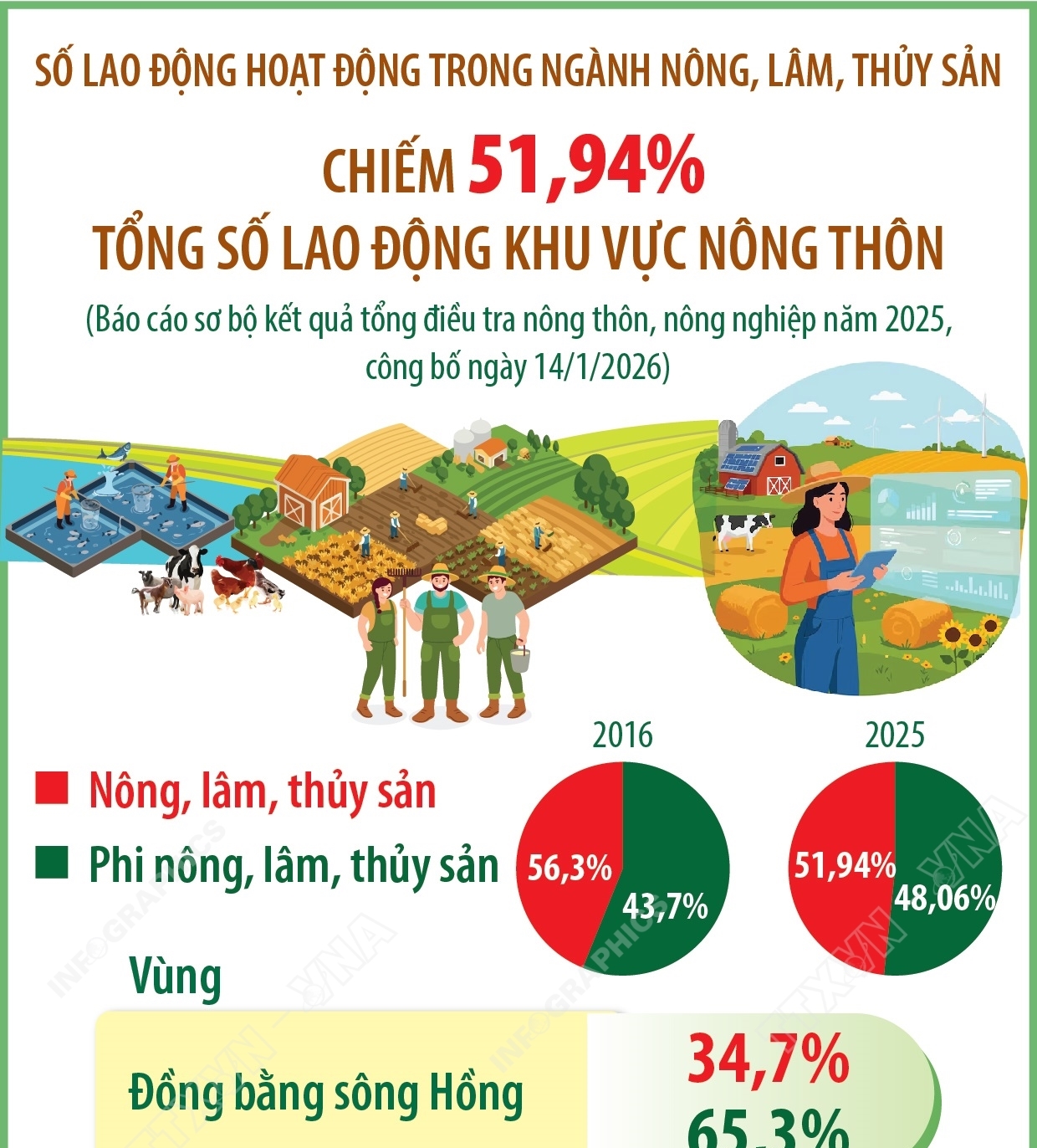 Lao động hoạt động trong ngành nông, lâm, thủy sản chiếm 51,94% tổng số lao động khu vực nông thôn
