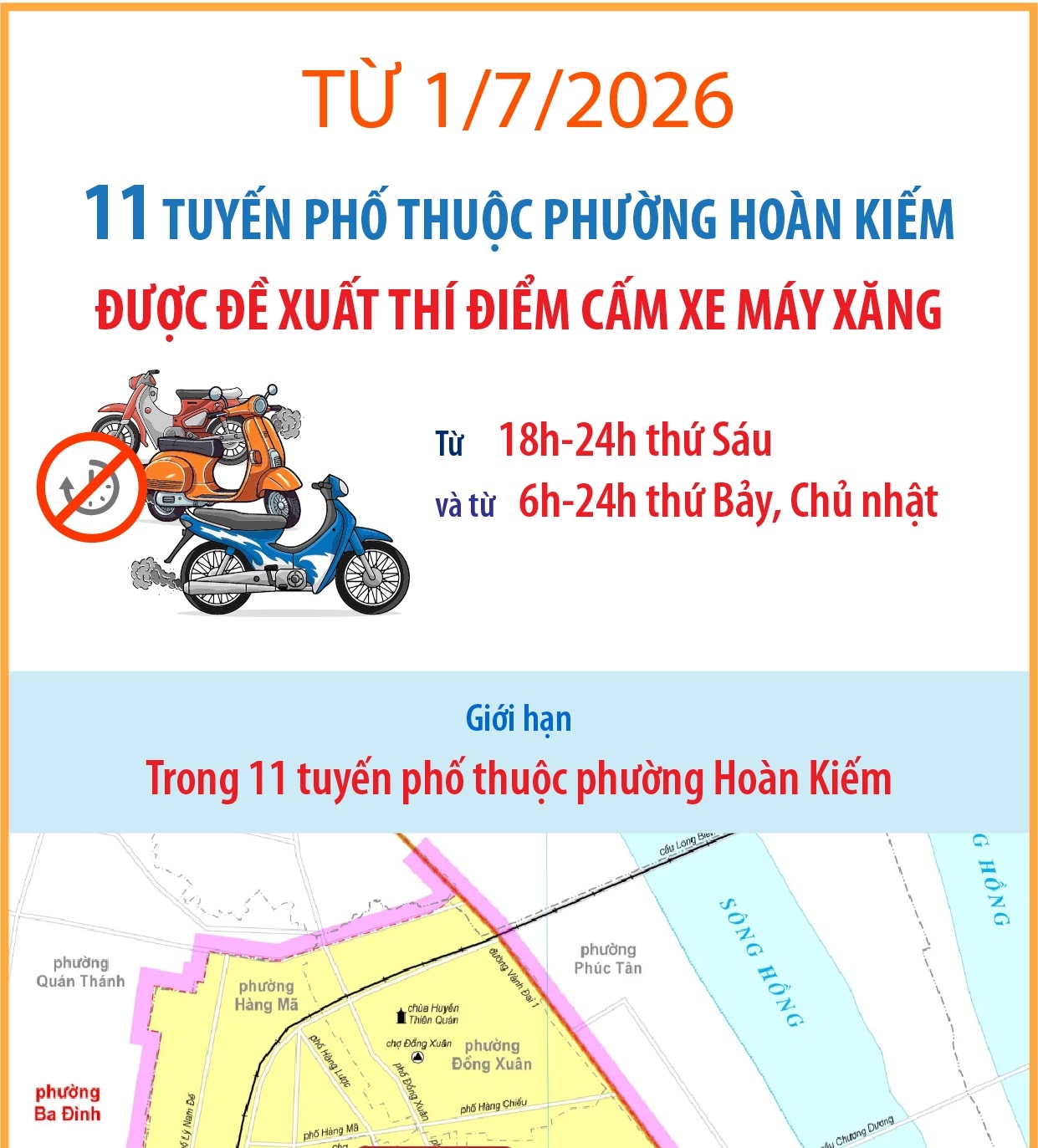 11 tuyến phố thuộc phường Hoàn Kiếm được đề xuất thí điểm cấm xe máy...