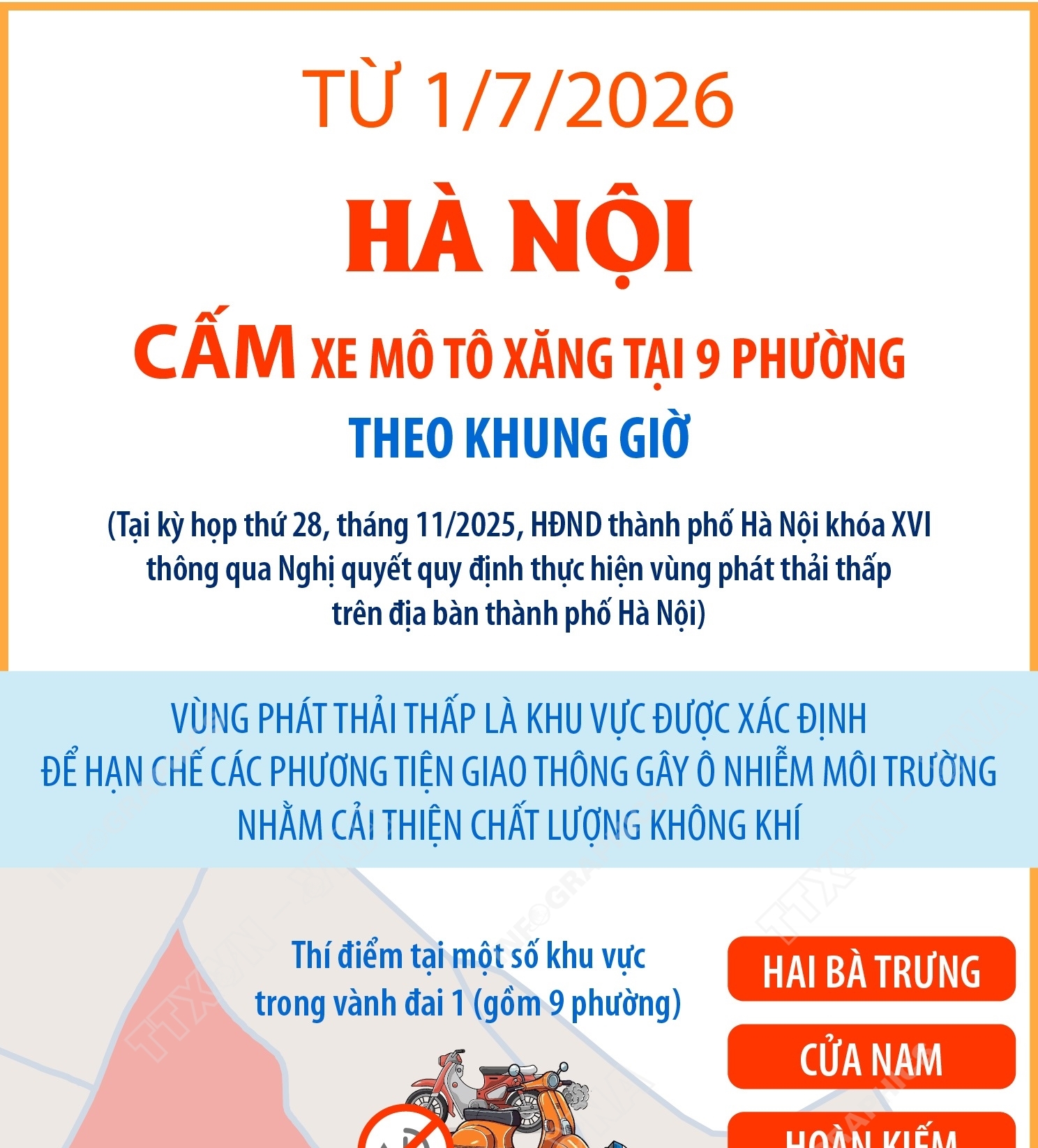 Từ 1/7/2026, Hà Nội cấm xe mô tô xăng tại 9 phường theo khung giờ