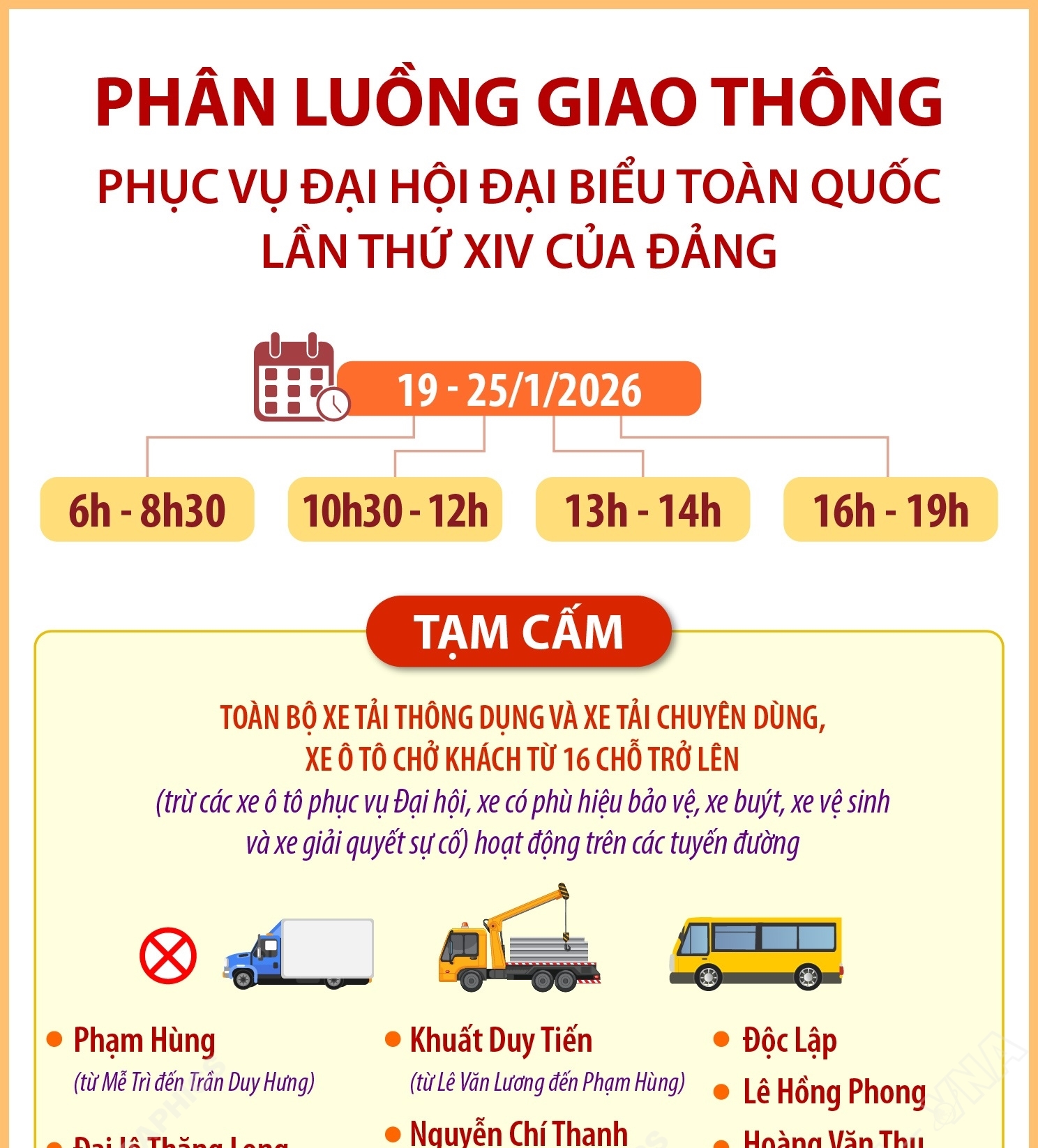 Thông tin chi tiết về phân luồng giao thông trong những ngày diễn ra Đại hội Đảng XIV từ 19 đến 25/1/2026