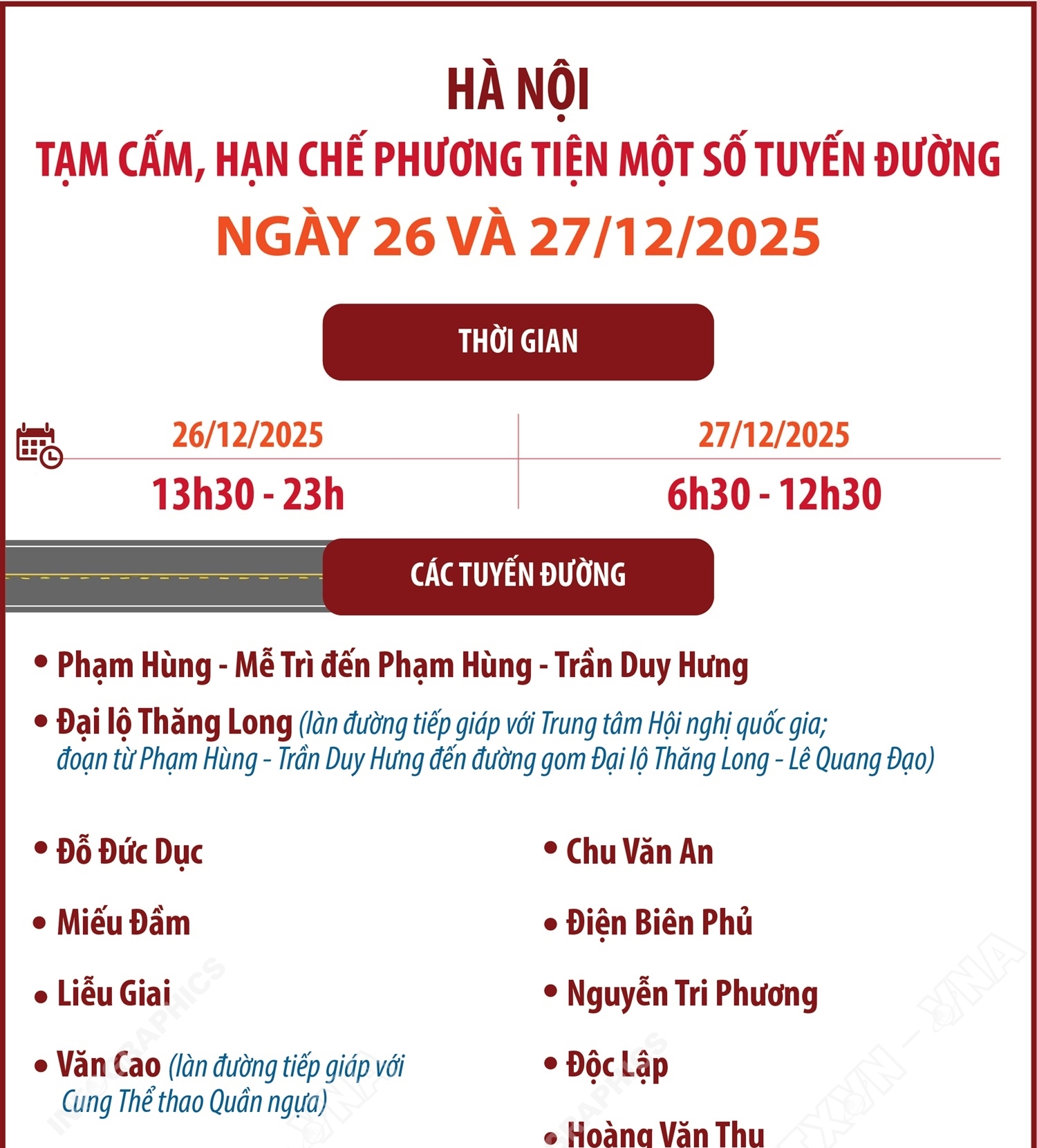 Hà Nội: Tạm cấm, hạn chế phương tiện một số tuyến đường ngày 26 và 27/12/2025