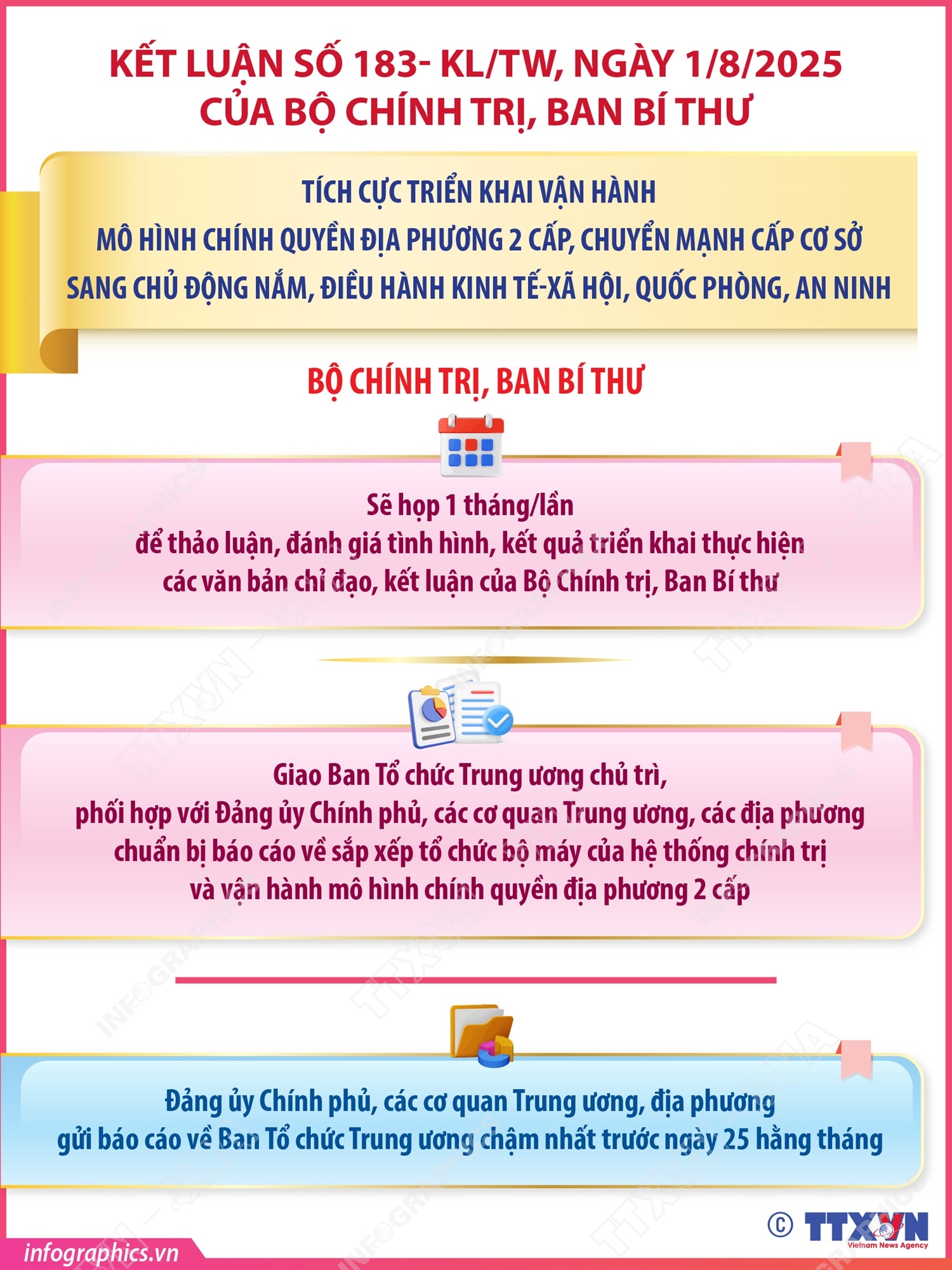 Kết Luận số 183- KL/TW: Bộ Chính trị, Ban Bí thư sẽ họp 1 tháng/lần để thảo luận, đánh giá tình hình, kết quả triển khai thực hiện các văn bản chỉ đạo, kết luận của Bộ Chính trị, Ban Bí thư
