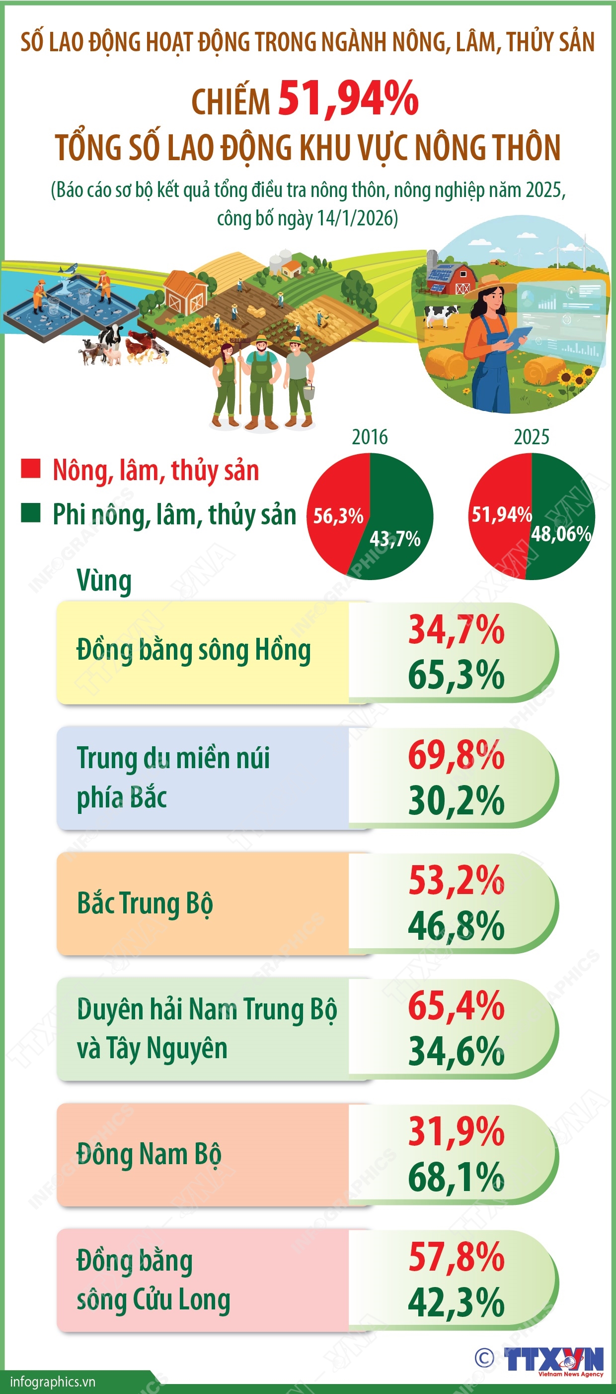 Lao động hoạt động trong ngành nông, lâm, thủy sản chiếm 51,94% tổng số lao động khu vực nông thôn