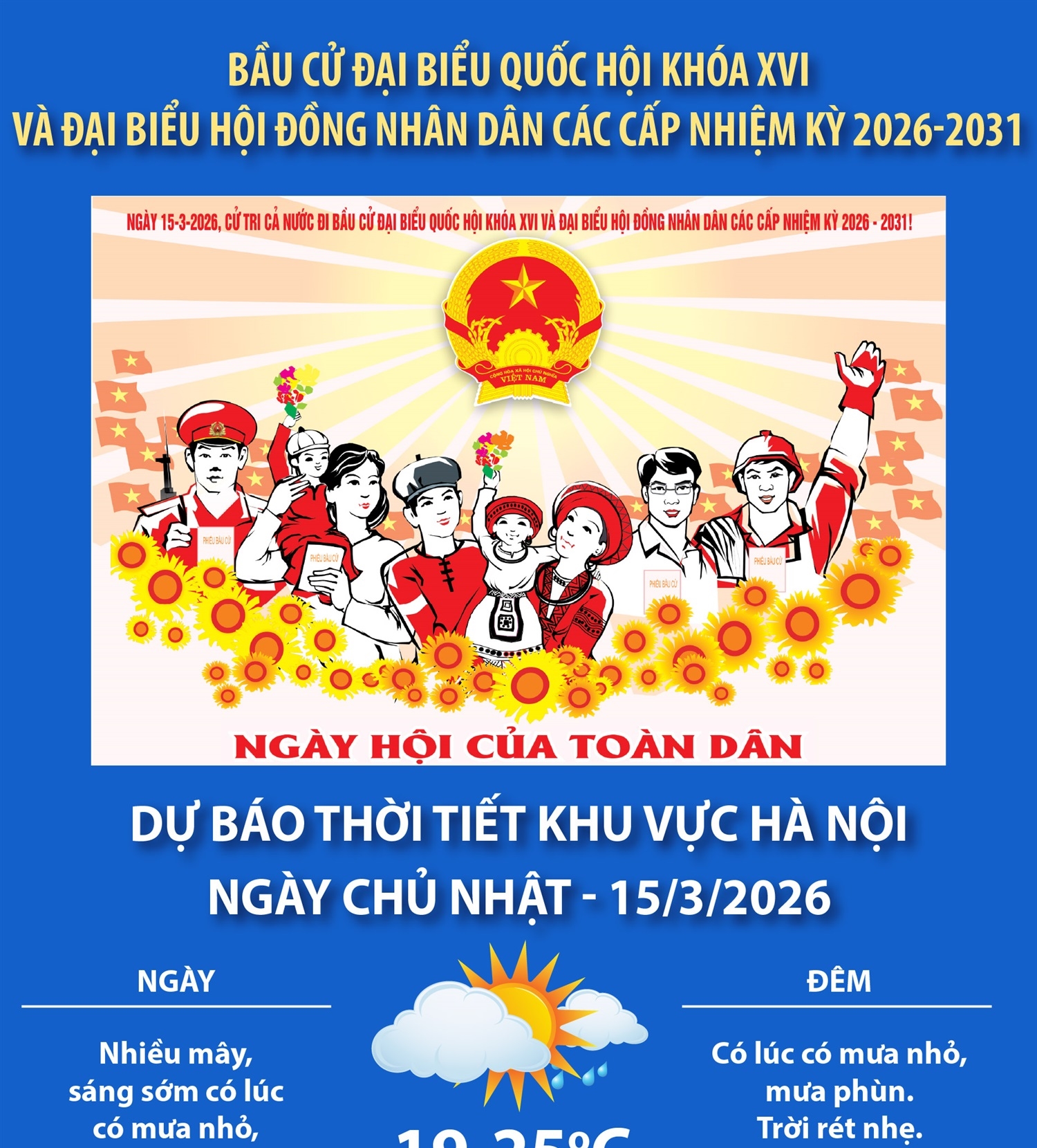 Bầu cử Quốc hội và HĐND: Dự báo thời tiết khu vực Hà Nội ngày Chủ nhật - 15/3/2026
