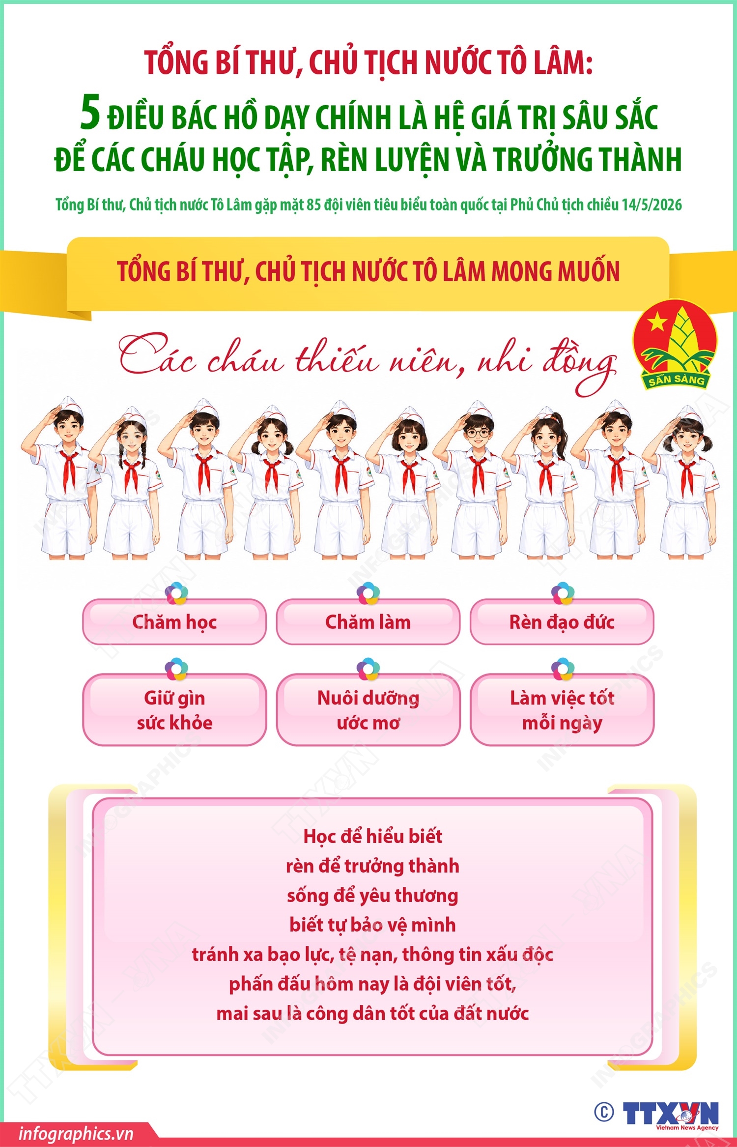 Năm điều Bác Hồ dạy chính là hệ giá trị sâu sắc để các cháu học tập, rèn luyện và trưởng thành