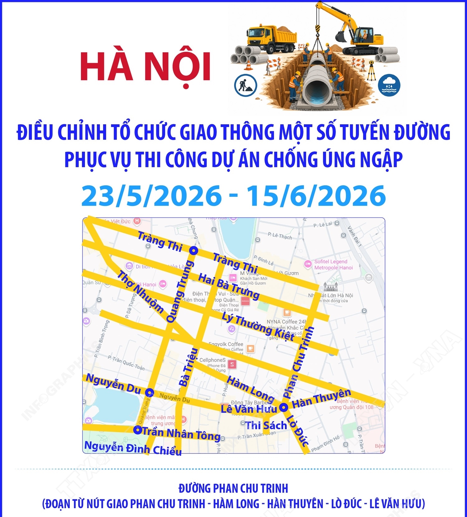 Hà Nội điều chỉnh tổ chức giao thông một số tuyến đường  phục vụ thi công dự án chống úng ngập