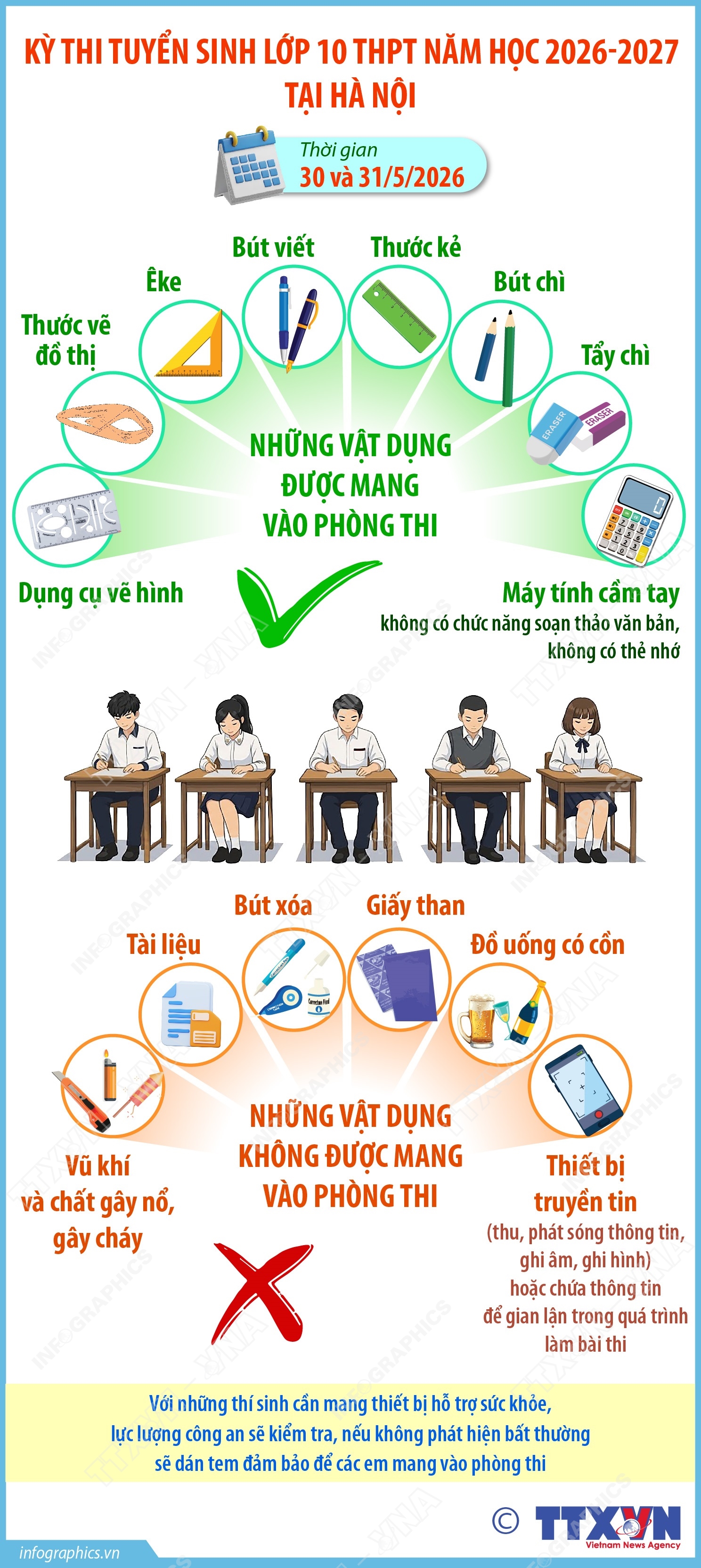 Kỳ thi tuyển sinh lớp 10 THPT năm học 2026-2027 tại Hà Nội: Những vật dụng được phép và không được phép mang vào phòng thi