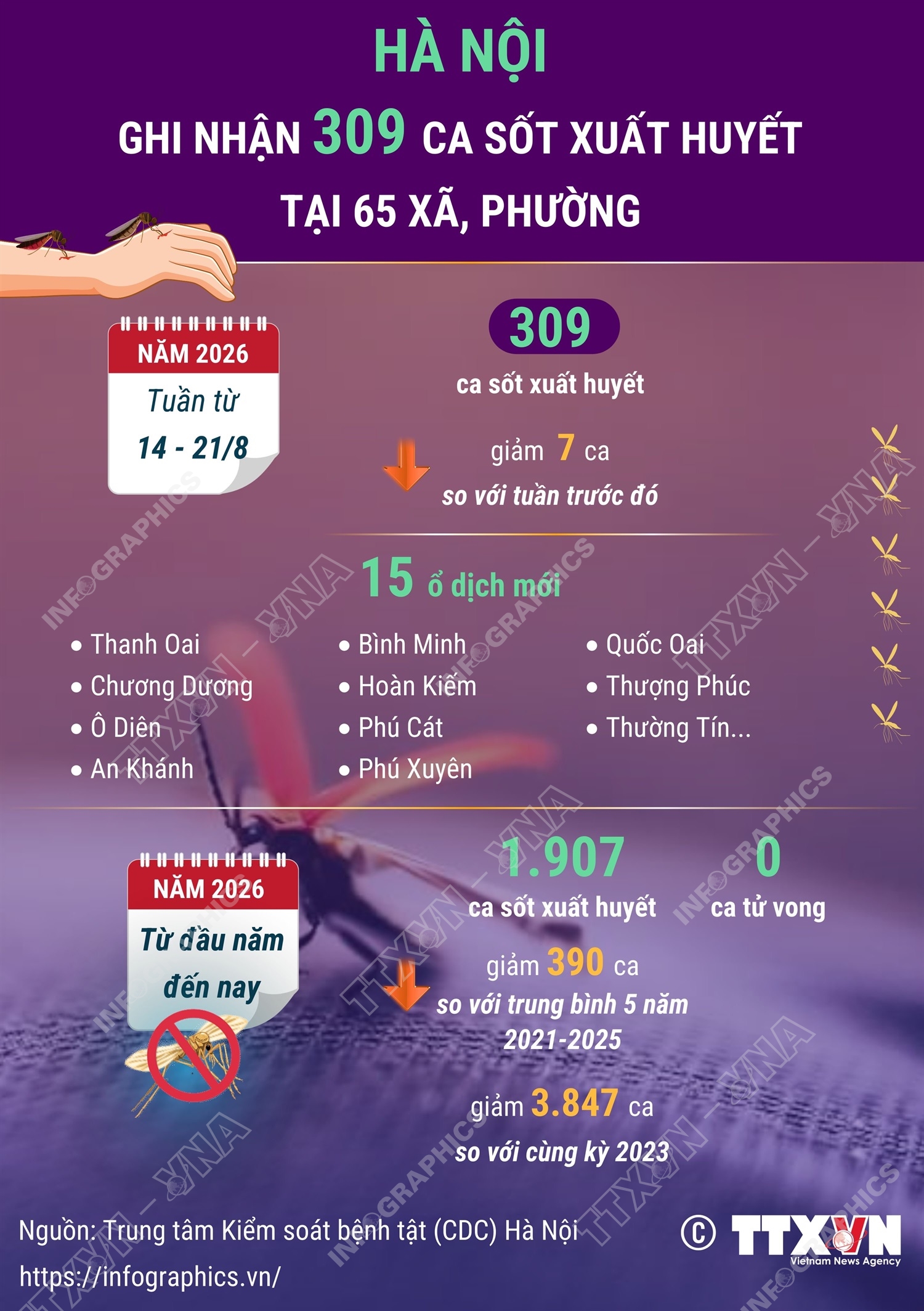 Hà Nội ghi nhận 309 ca mắc sốt xuất huyết tại 65 xã, phường