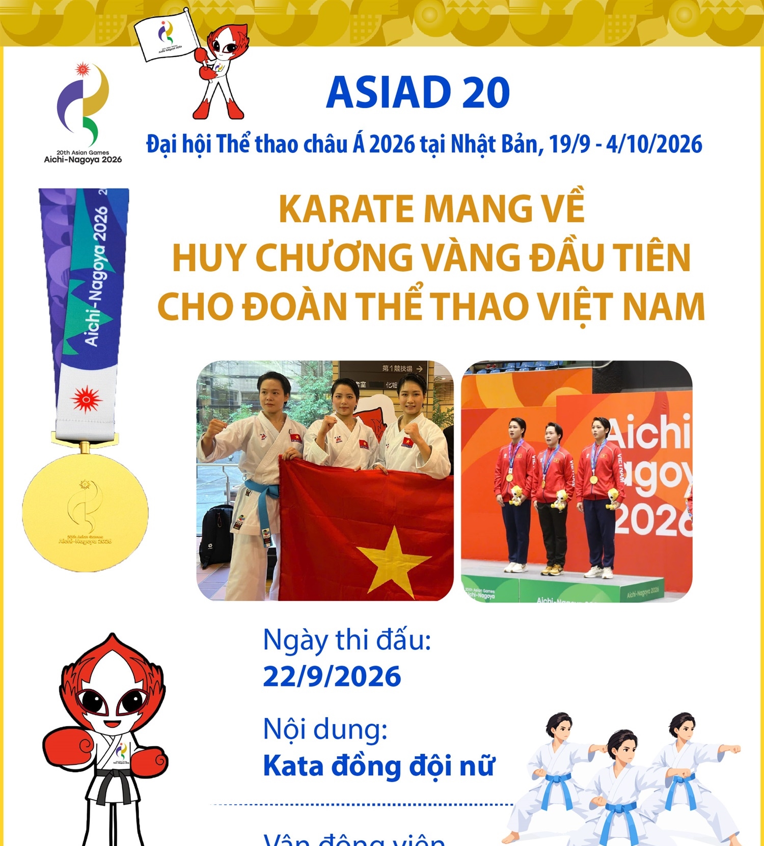 ASIAD 2026: Đồng đội nữ môn Karate giành Huy chương Vàng đầu tiên cho Việt...