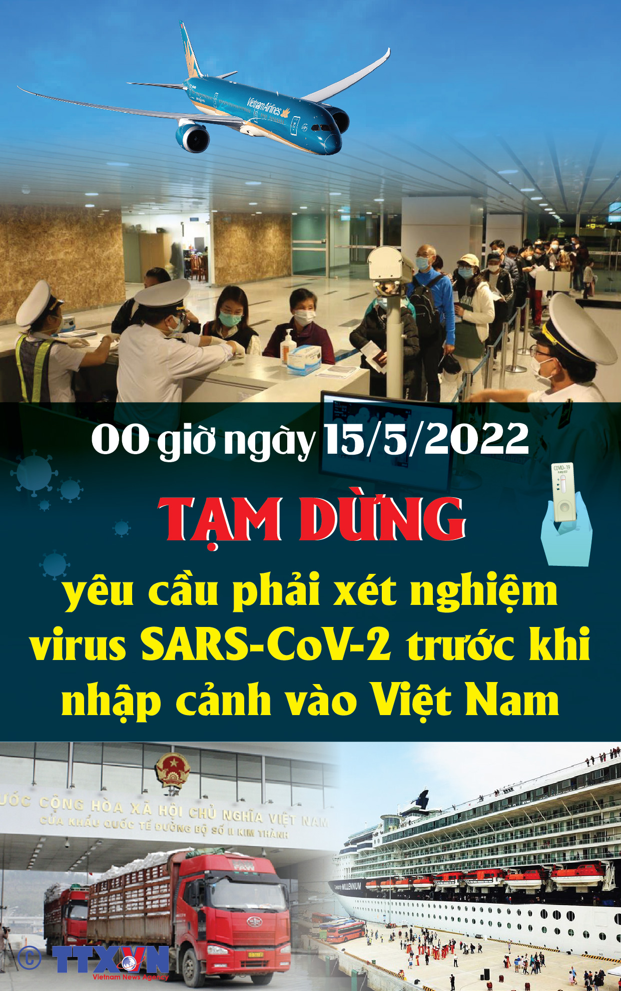 Từ 00 giờ ngày 15/5/2022, tạm dừng yêu cầu phải xét nghiệm virus SARS-CoV-2 trước...