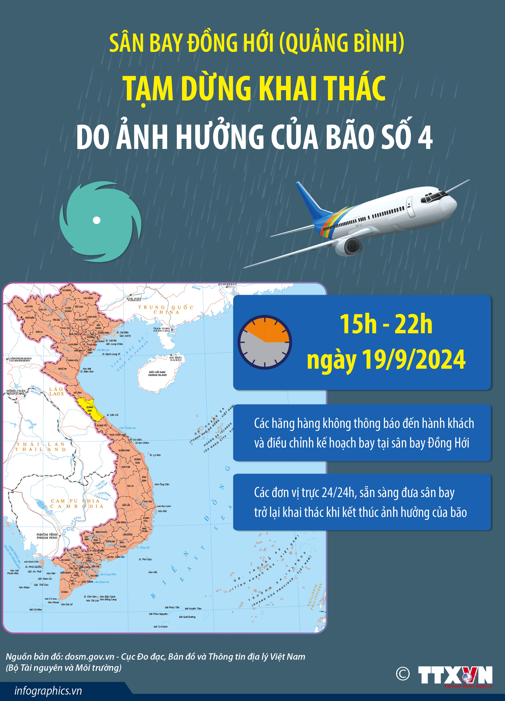 Sân bay Đồng Hới (Quảng Bình) tạm dừng khai thác do ảnh hưởng của bão...