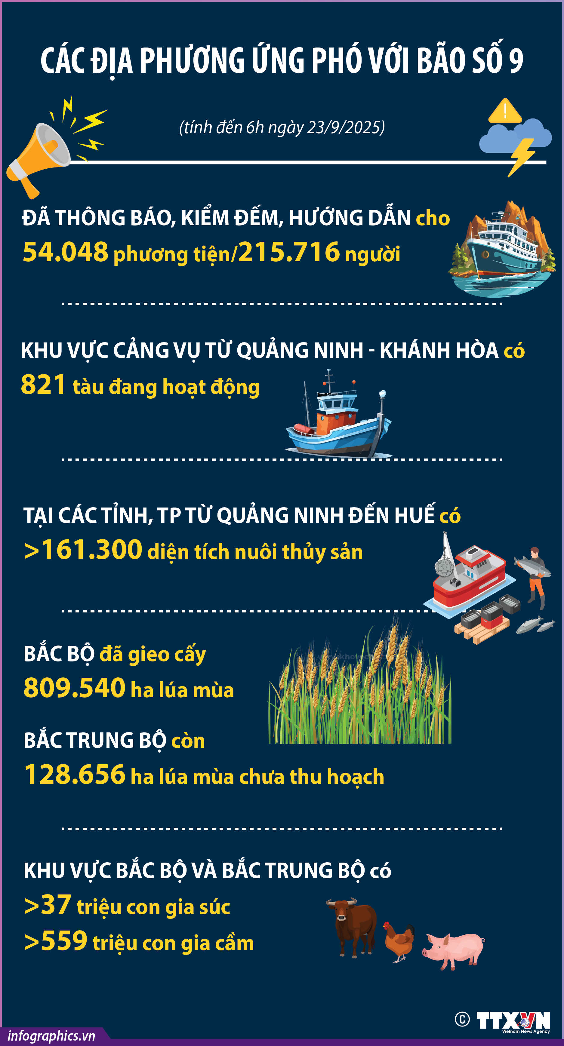 Các địa phương ứng phó với bão số 9 (tính đến 6h ngày 23/9/2025)