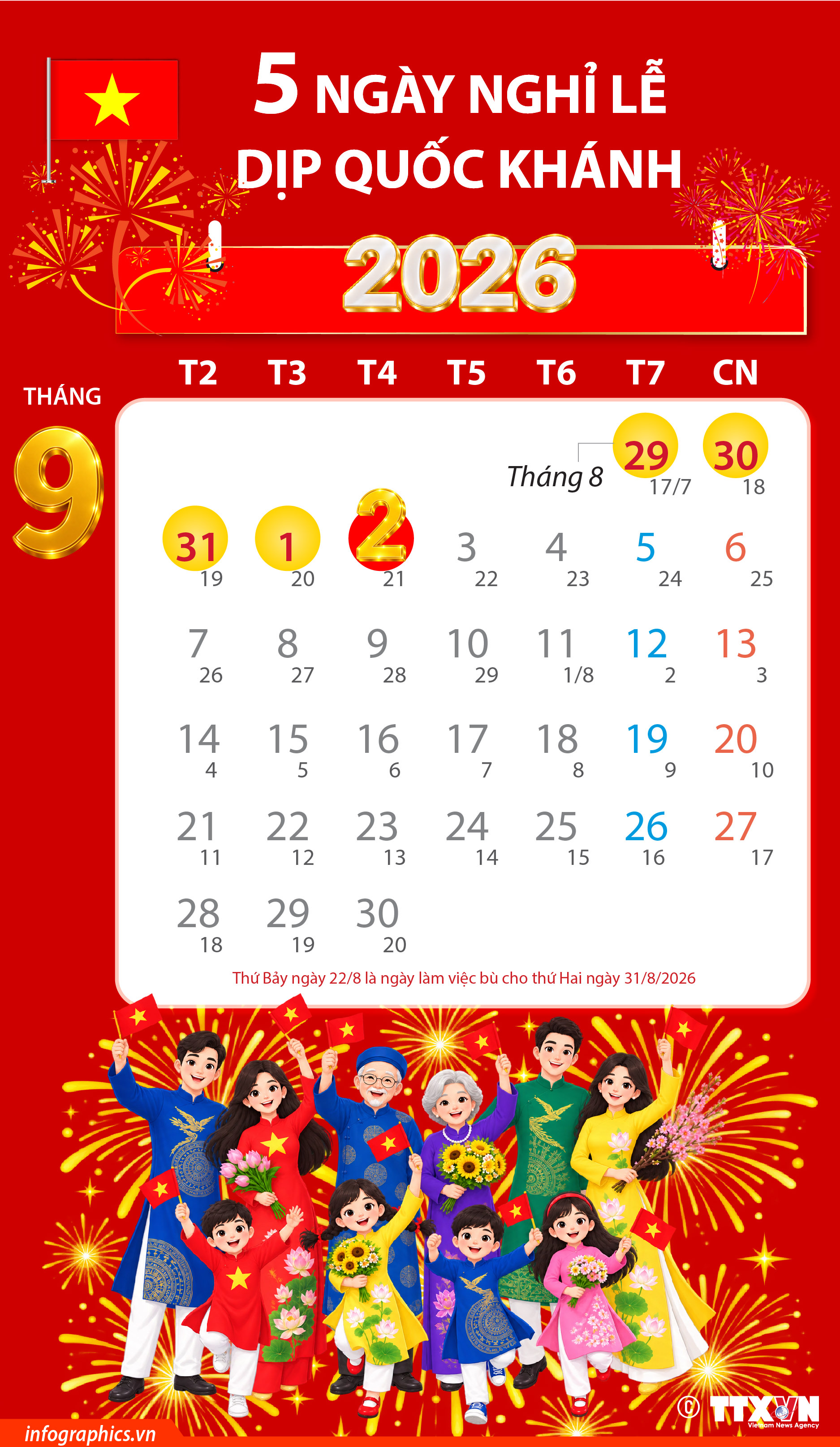 Lịch nghỉ lễ Quốc khánh năm 2026