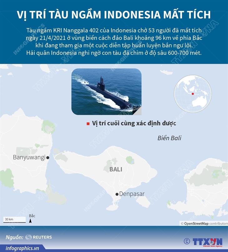 Vị trí tàu ngầm Indonesia mất tích