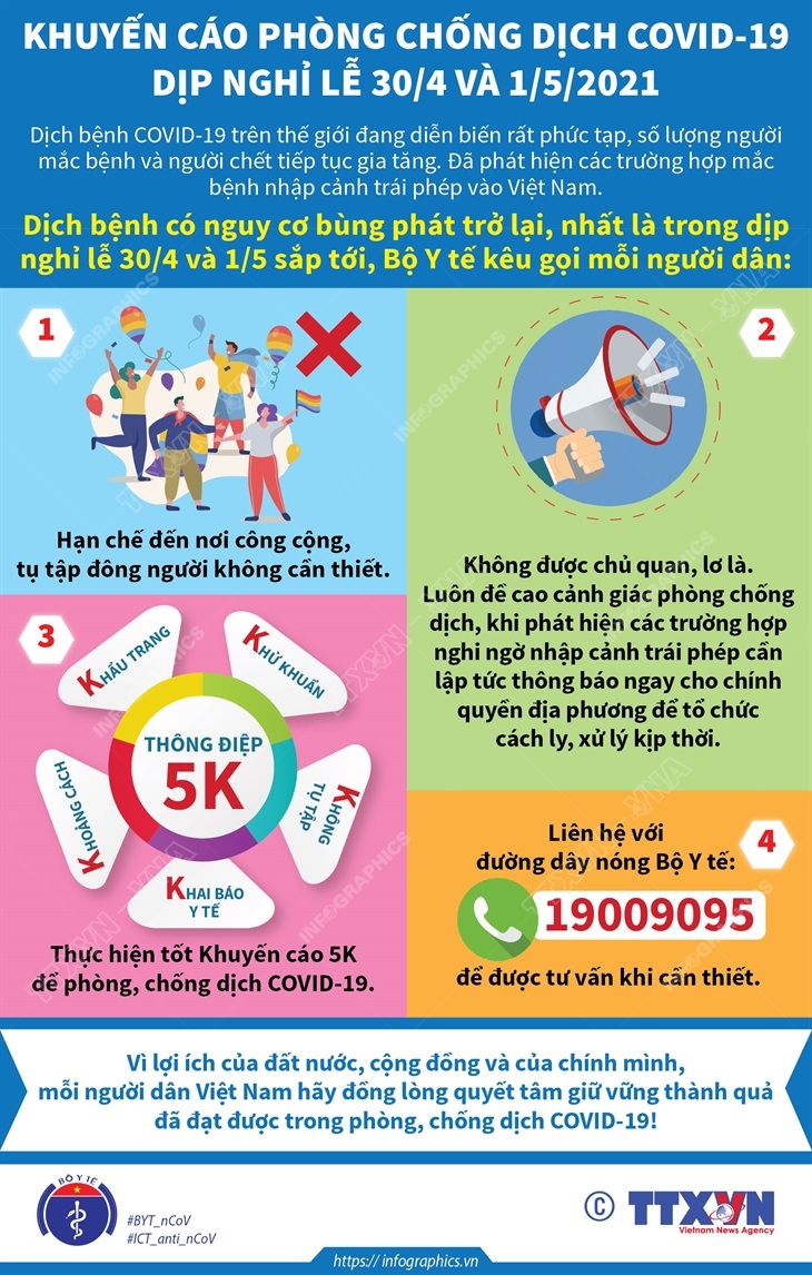 Khuyến cáo phòng chống dịch COVID-19 dịp nghỉ lễ 30/4 và 1/5/2021