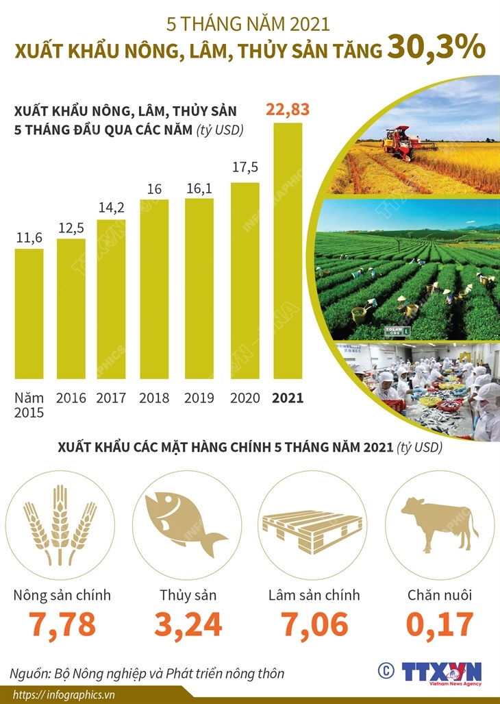 5 tháng năm 2021, xuất khẩu nông, lâm, thủy sản tăng 30,3%