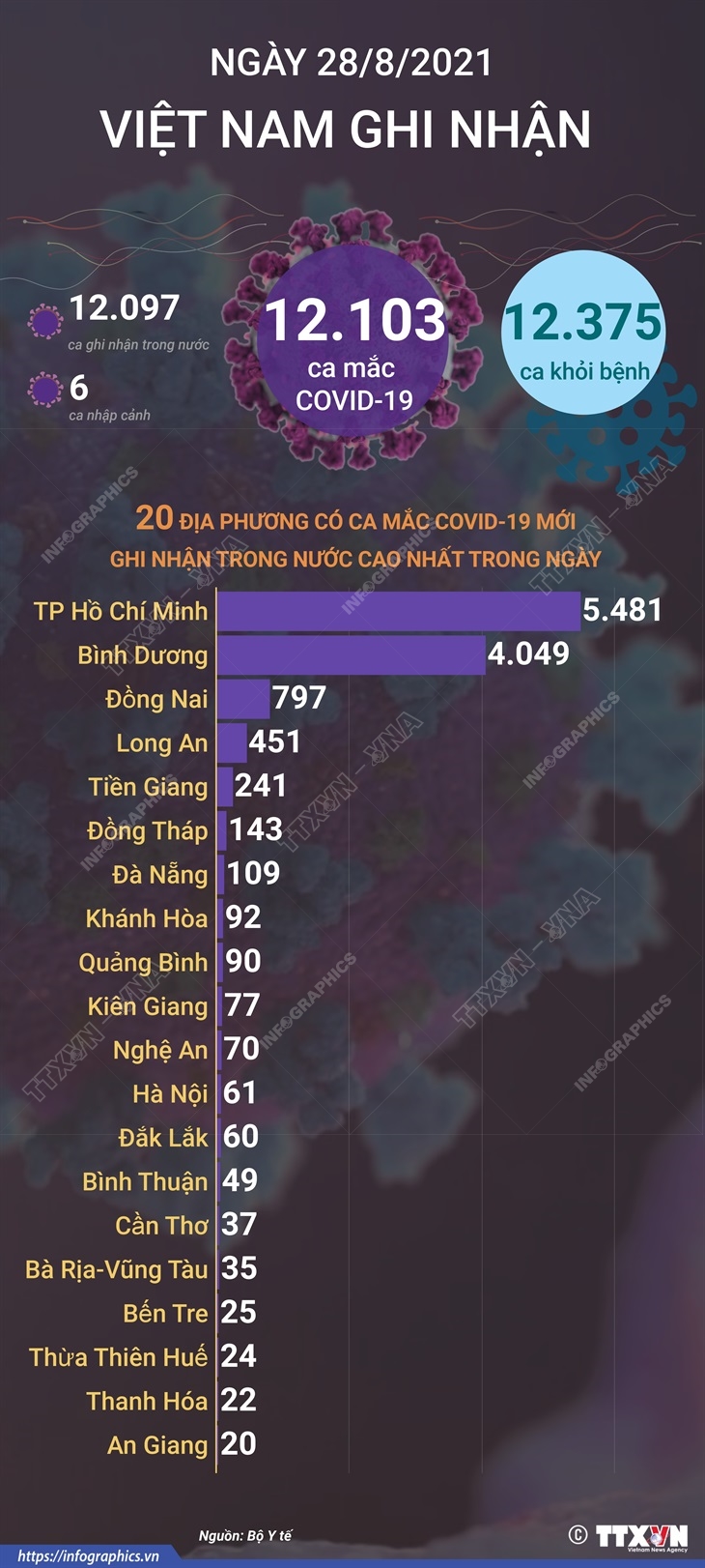 12.103 ca mắc COVID-19 mới trong ngày 28/8/2021, 12.375 ca khỏi bệnh