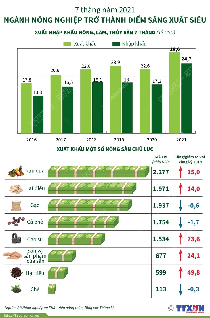 7 tháng năm 2021: Ngành nông nghiệp trở thành điểm sáng xuất siêu