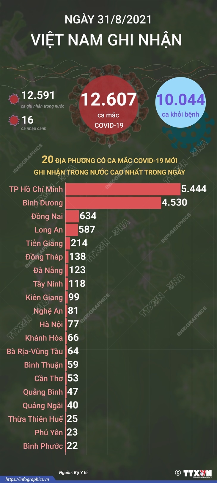 12.607 ca mắc COVID-19 mới trong ngày 31/8/2021, 10.044 ca khỏi bệnh
