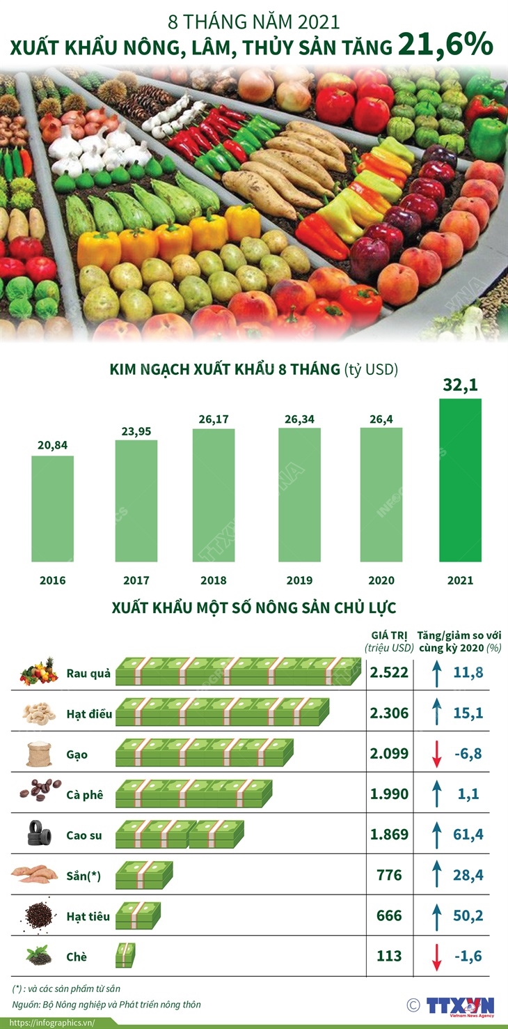 8 tháng năm 2021: Xuất khẩu nông, lâm, thủy sản tăng 21,6%