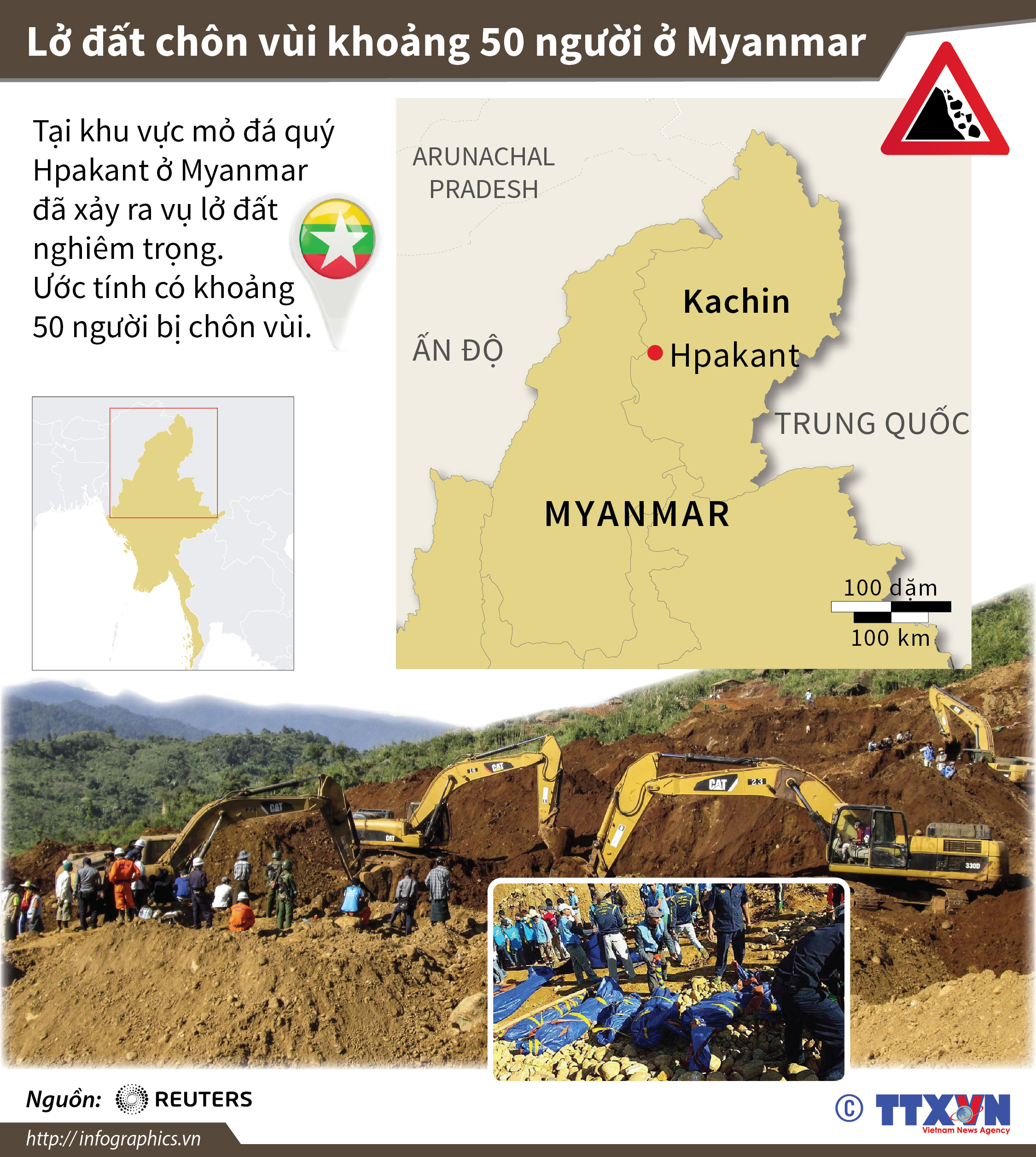 Lở đất chôn vùi khoảng 50 người ở Myanmar