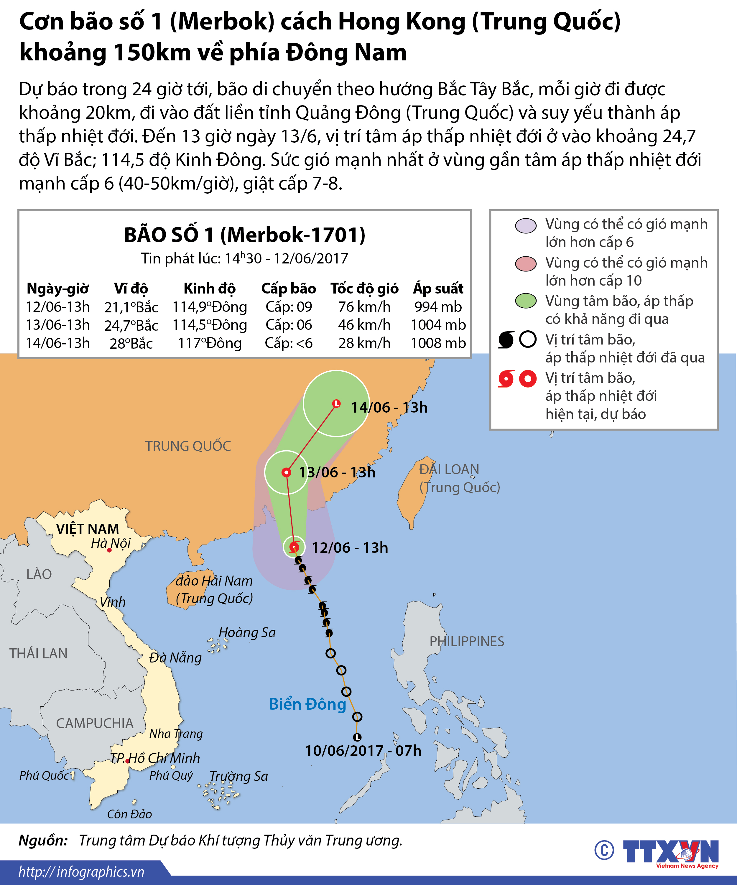 Cơn bão số 1 (Merbok) cách Hong Kong (Trung Quốc) khoảng 150km về phía Đông...