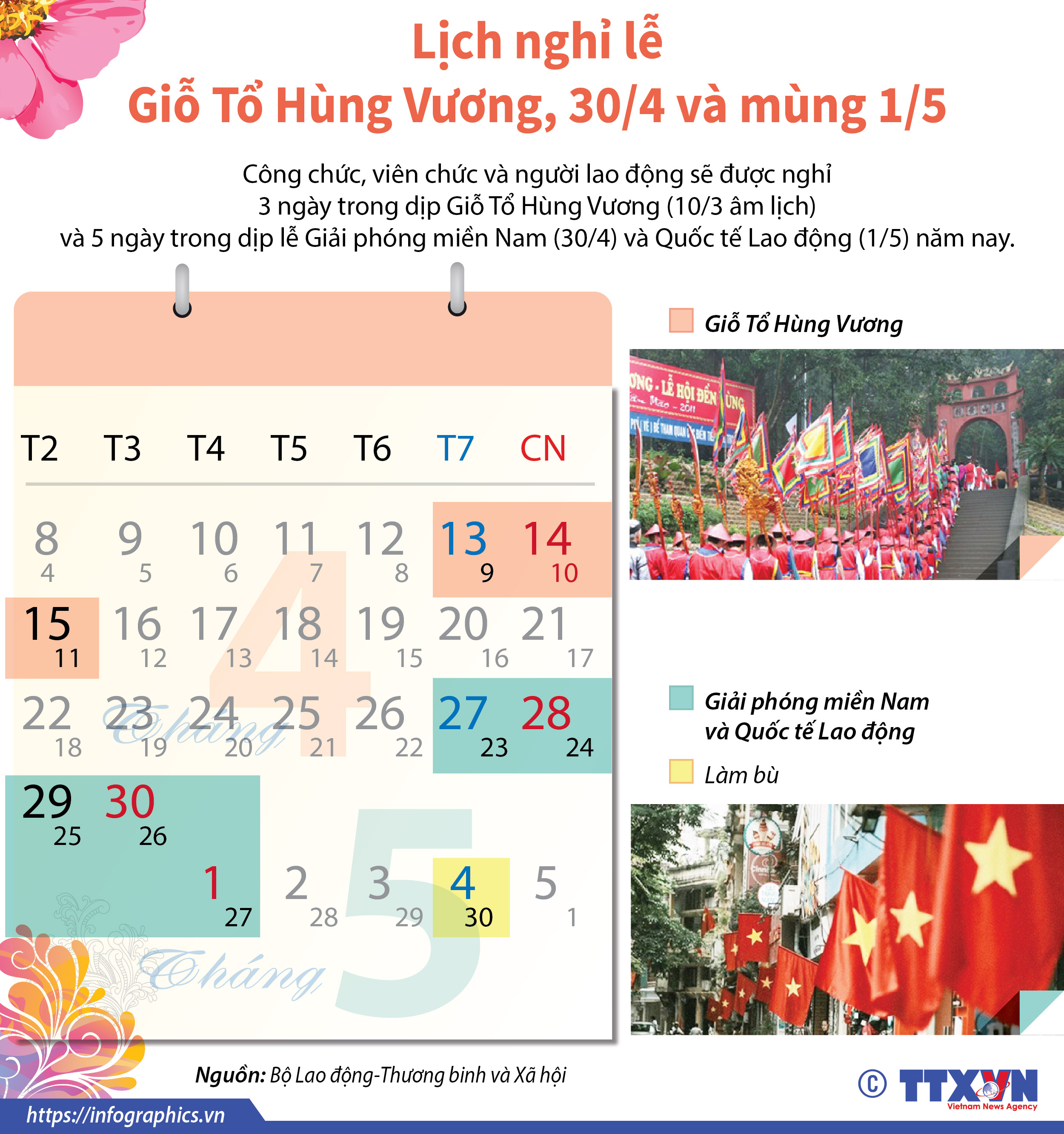 Lịch nghỉ lễ Giỗ Tổ Hùng Vương, 30/4, mùng 1/5 của người lao động