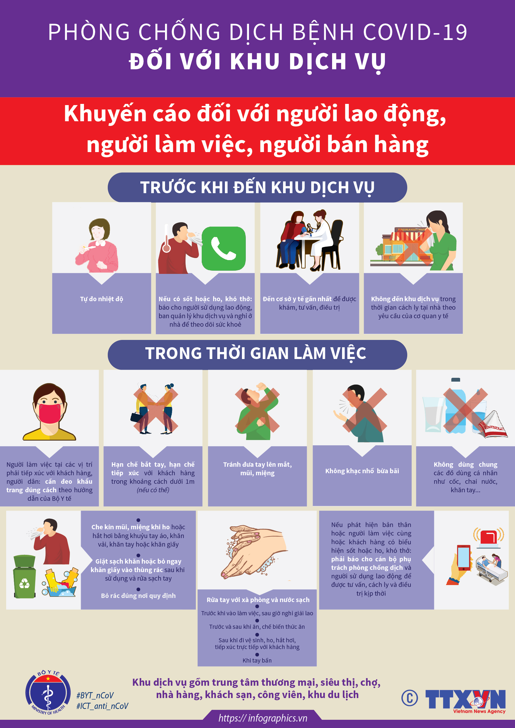 Phòng chống dịch bệnh COVID-19 đối với khu dịch vụ: Khuyến cáo đối với người lao động, người làm việc, người bán hàng