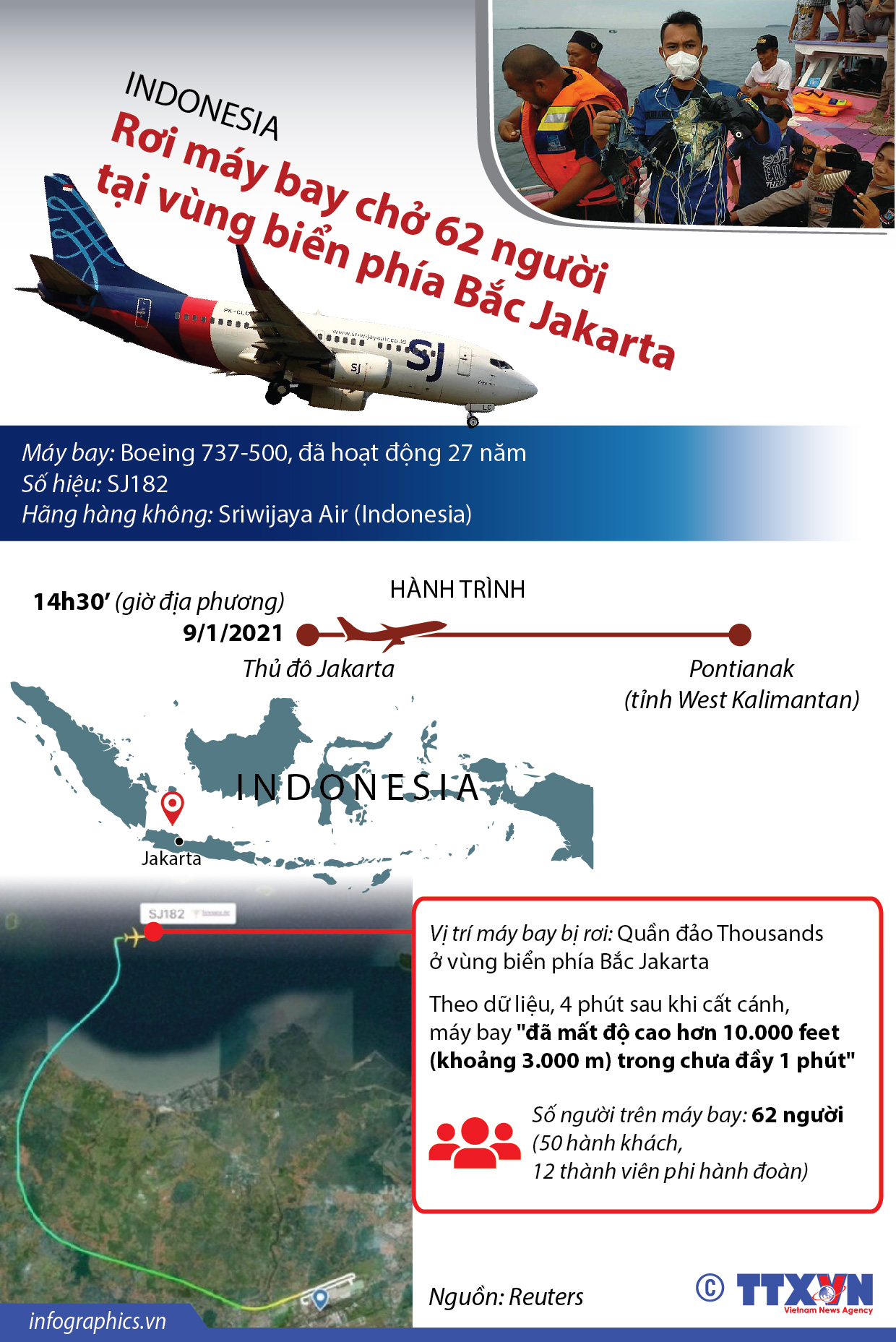 Indonesia: Rơi máy bay chở 62 người tại vùng biển phía Bắc Jakarta
